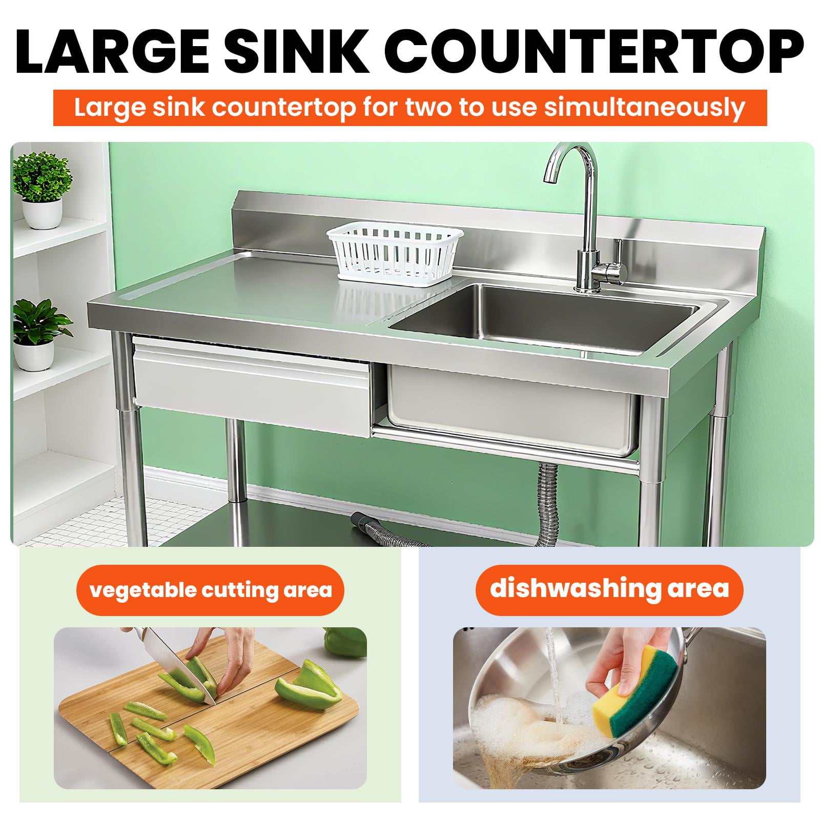 Stainless Steel Commercial Utility Sink with Drawer & Cold and Hot Water Pipe, Outdoor Freestanding Kitchen Sink, Freestanding Utility Sink , 40 Inch for Garage & Restaurant