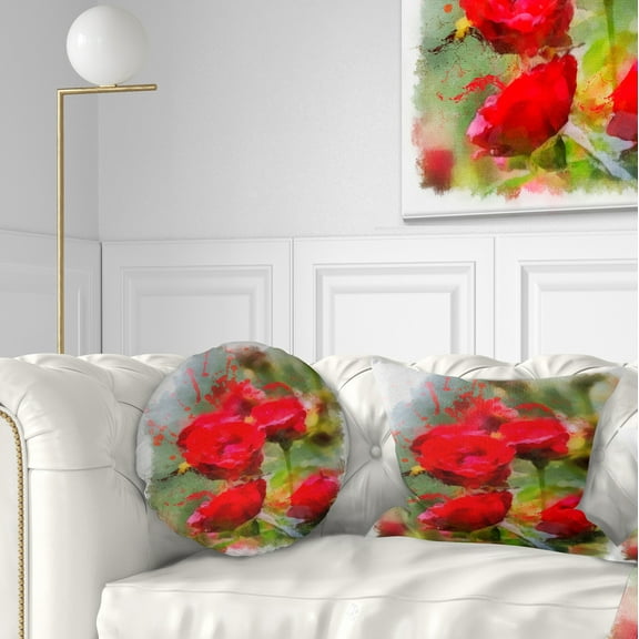 Designart Red Roses on Green Watercolor - Flower Throw Pillow - 12x20