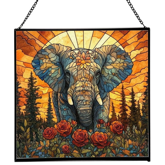 Square Stained Glass Suncatcher Featuring Serval Animal Design, Decorative Window Hanging Panel for Elephant Lovers – Unique Gift for Christmas, Birthday, Housewarming, Holiday Décor 133OR7