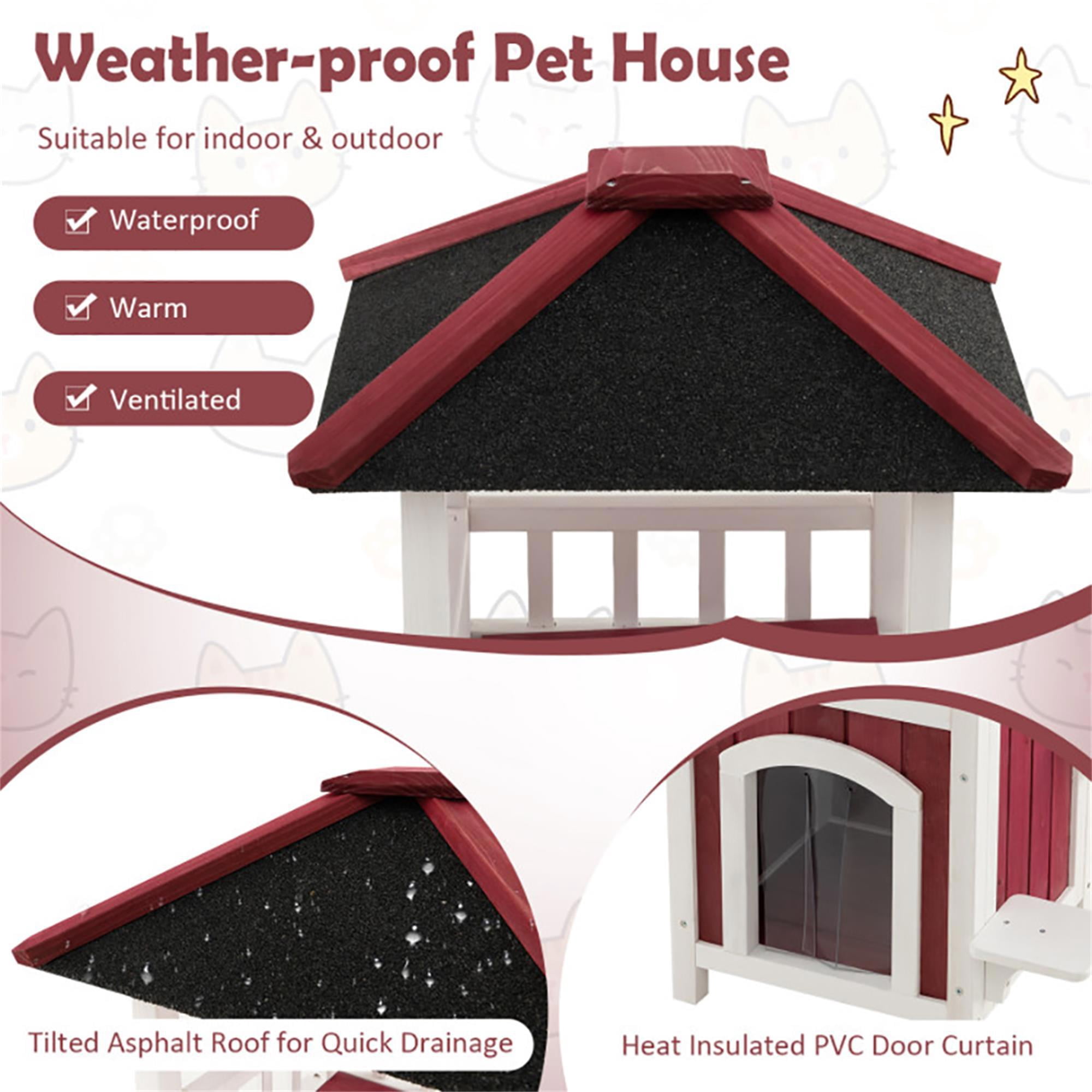 Pefilos 34" Wooden Pet Cat House for Outdoor and Indoor, Feral Cat Shelter with Jumping Platforms, Red