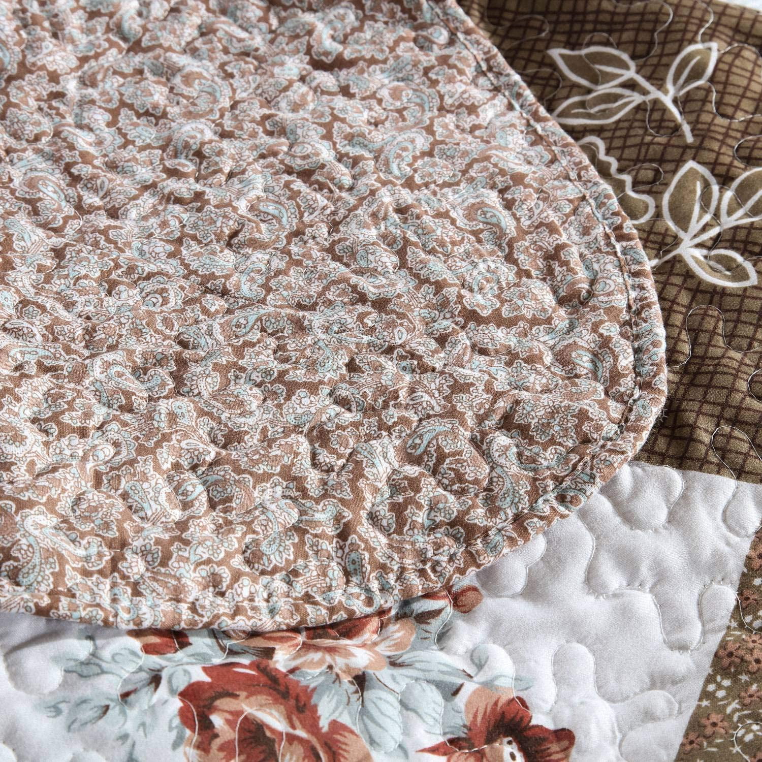 WannaToo Floral Bedding Set Mocha Rose Splicing Microfiber Double Stitching Quilts, King-Reversible