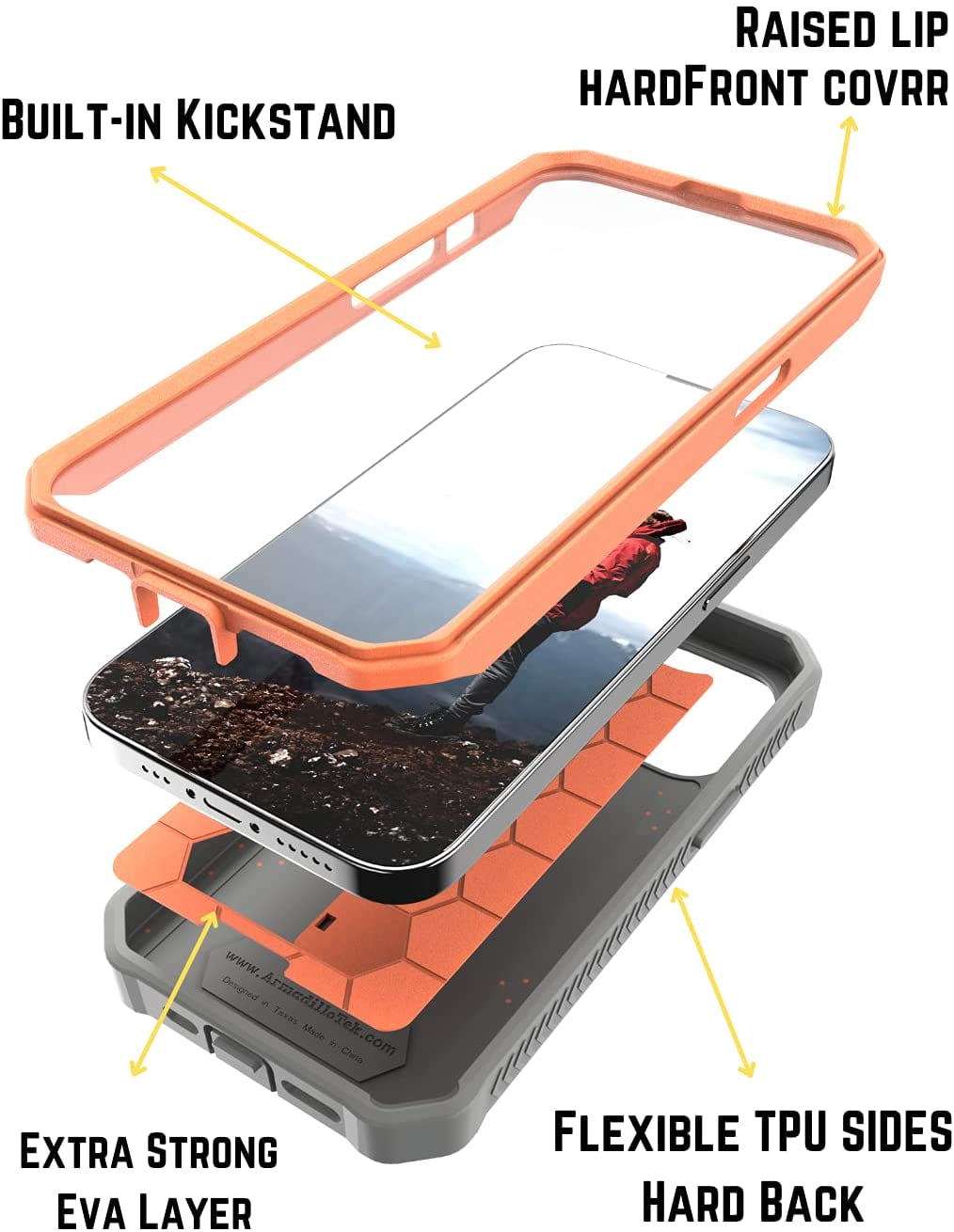 CaseBorne ArmadilloTek V Case for [iPhone 13 Pro] with Built-in Screen Protector & Kickstand Full-Body Multi-Layer Rugged - Orange