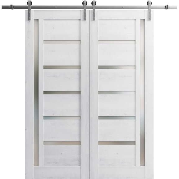 Sturdy Double Barn Door 64 x 84 inches | Quadro 4088 Nordic White with Frosted Glass | 13FT Rail Hangers Heavy Set | Solid Panel Interior Doors