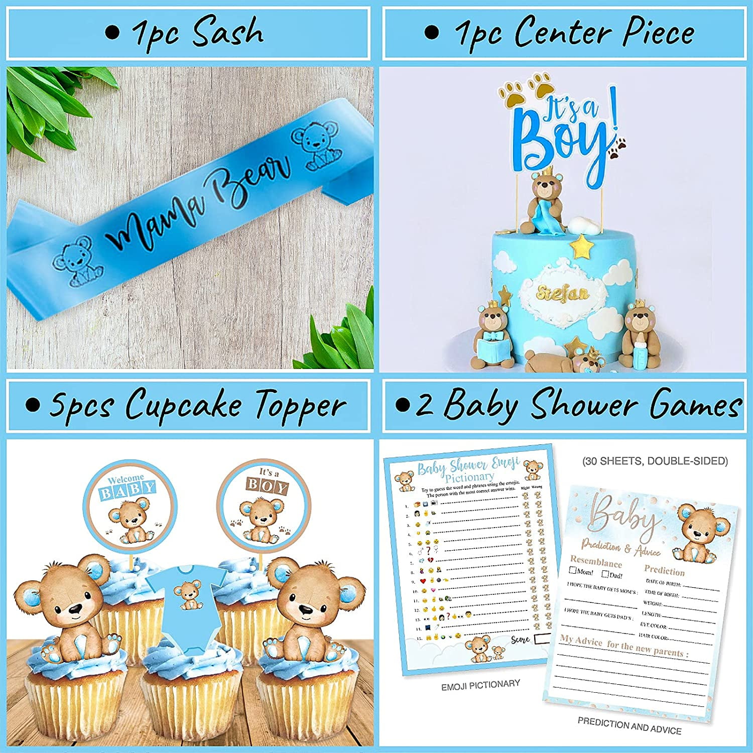 210 PC Teddy Bear Baby Shower Decorations for Boy Kit- It's a BOY Pre-Strung Banners, Garland, Streamers Guestbook Mommy Sash Blue Brown Balloons Cake Toppers Paper Fans Lantern Games & Favor Sticker