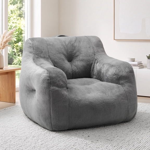 Fulsmile Bean Bag Chair with Armrests for Adult, Furry Foam Filled Small Beanbag Sofa for Bedroom Living Room Dorm, Grey