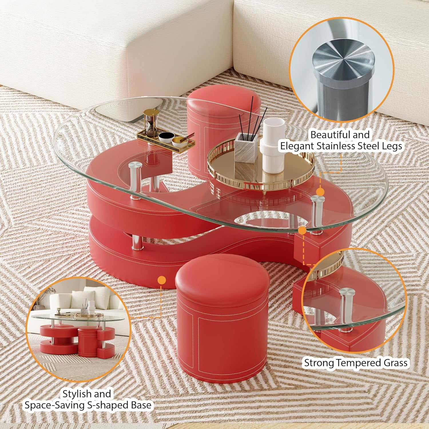 3 Pieces Coffee Table Set, 0.39" Tempered Glass Top and S Shape Base, Oval Modern Coffee Table with 2 Leather Stools, Accent Coffee Table for Living Room Bedroom