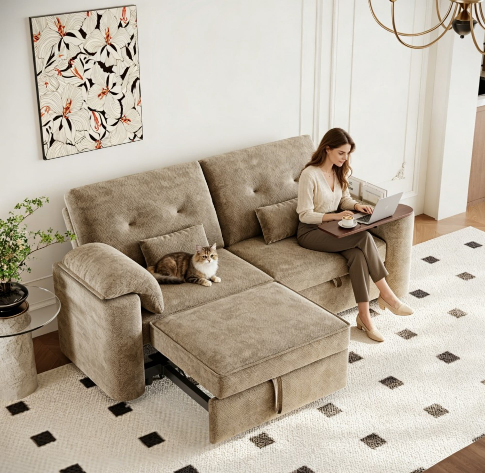 DEALTOPS 82" Chenille 3-in-1 Convertible Sleeper Sofa Bed with 270° Swivel Table & USB Ports, Beige