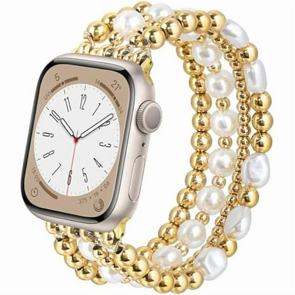 Gold Beaded Bracelets Compatible for Apple Watch Band 38mm 40mm 41mm 42mm 44mm 45mm Women, Fashion Handmade Dressy iPhone Watch Bands Elastic Strap for iWatch Series 11 10 9 SE 8 7 6 5 4 3 2 1