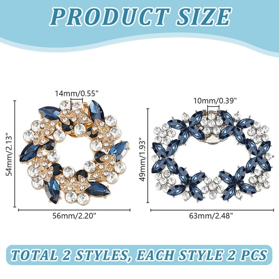 1box 4pcs 2 styles Flower Brass Rhinestone Shoe Decorations Detachable Shoe Buckle Clips Capri Blue 49~54x56~63x10~14mm 2pcs/style
