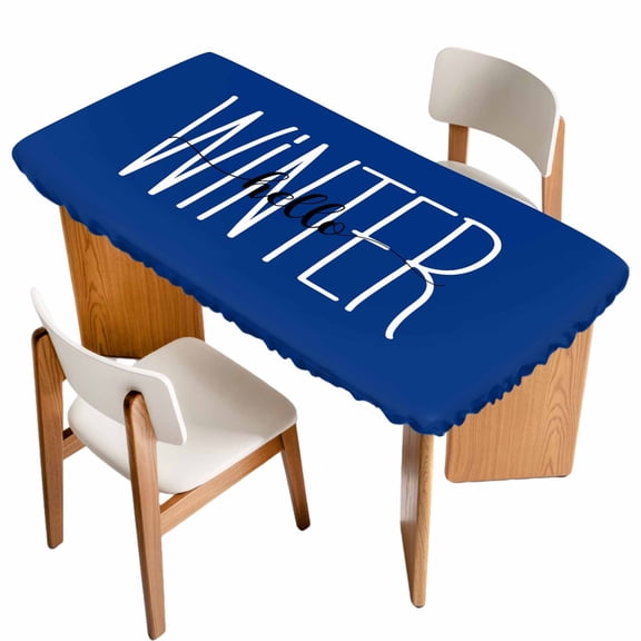 Winter Navy Blue Table Cloths for 4 Foot Rectangle Tables, Christmas Xmas Modern Minimalist Words Art Patio Waterproof Elastic Fitted Tablecloths, Washable Rectangular Table Cover for Camping