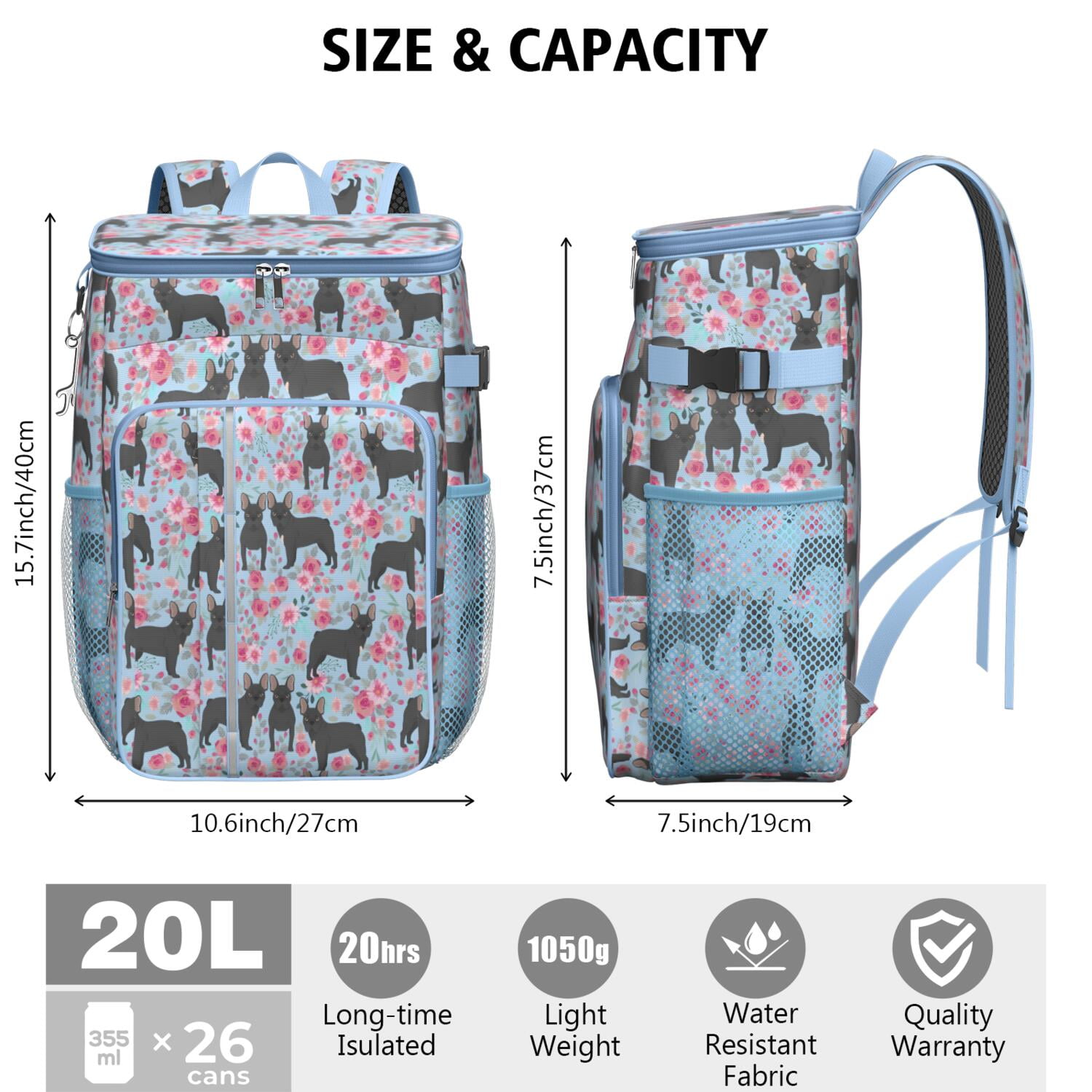 Travel Cooler Bag - French Bulldog and Flower Camping Beer Cooler Backpack with Bottle Opener- Waterproof Insulated Picnic Backpacks - Cooler Bag for Beach