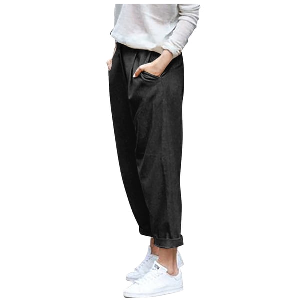 Pantalones de imitación de algodón y lino para mujer: pantalones holgados y finos de largo 9/10, poliéster, ropa informal de verano