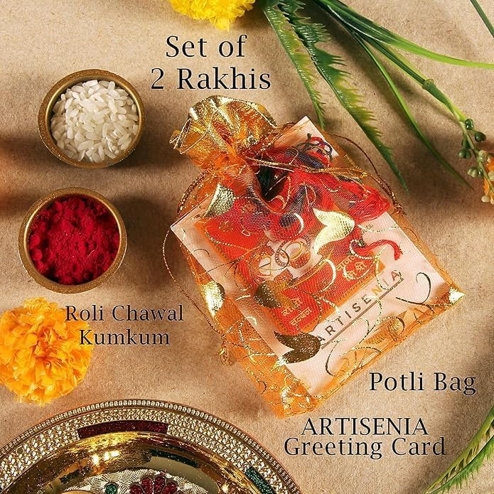 SHOPOGENIE Rakhi Set For Brother - Designer Rakhis With Roli, Tikka & Greeting Card, Set Of 2 (R061X2)