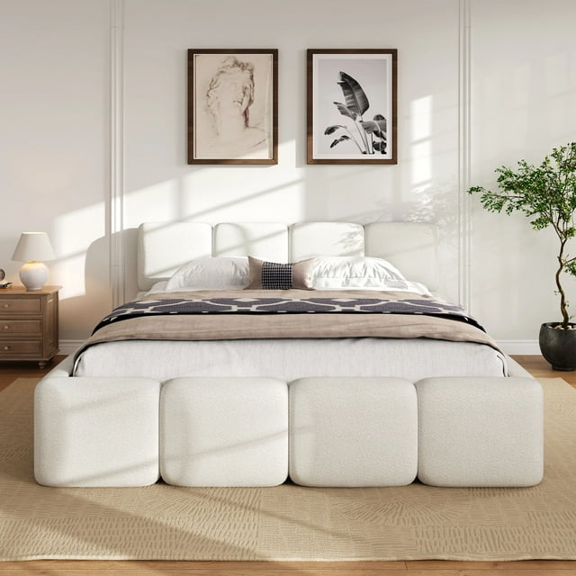 MODERNLUXE King Size Upholstered Platform Bed, Boucle Grounded Bed Frame with Thick Headboard and Footboard for Bedroom,White