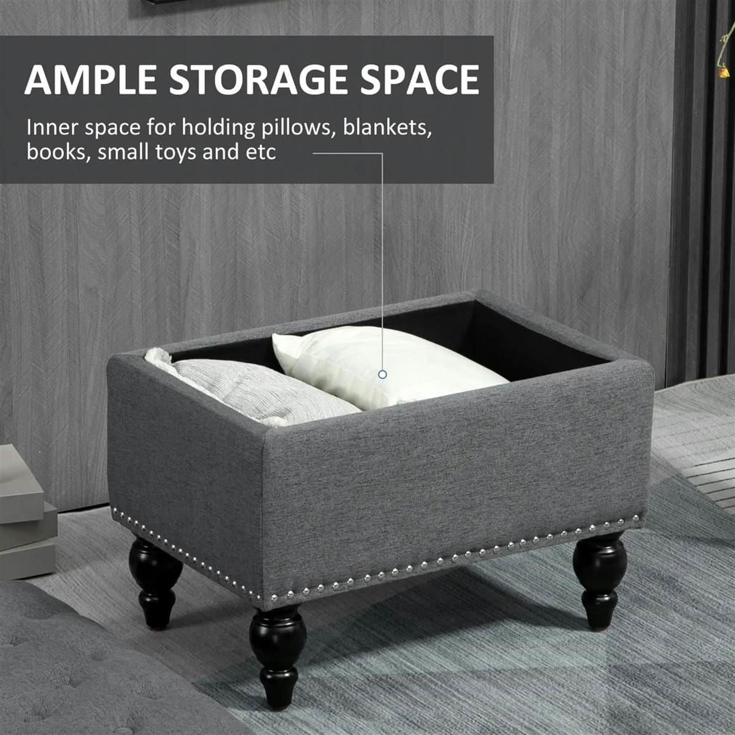 Demi Bonn 25" Storage Ottoman with Lift-Top Lid, Wooden Legs, Button Tufted Fabric Bench for Living Room, Gray