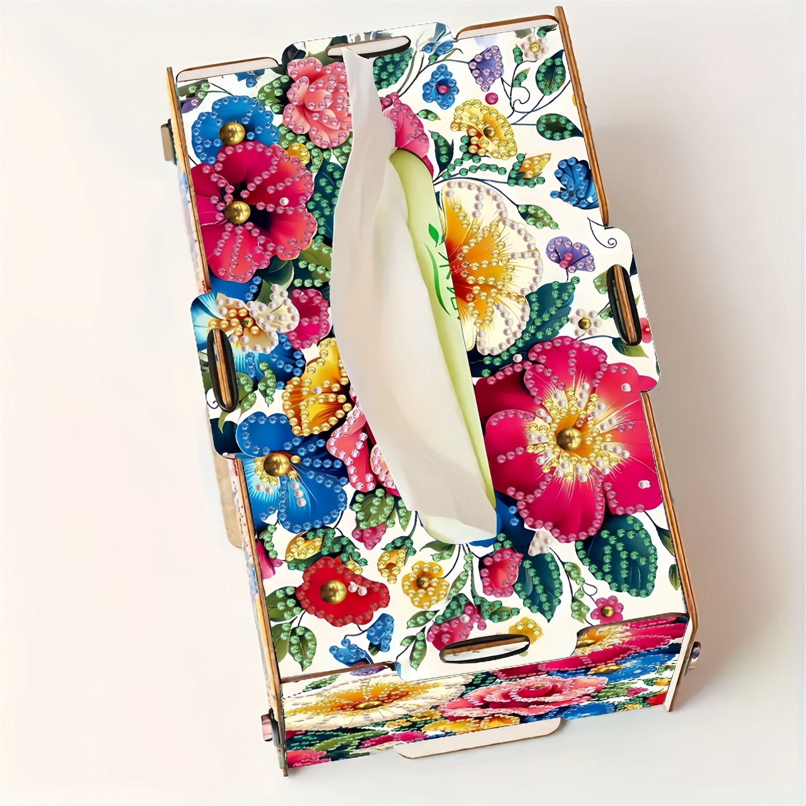 FLOPESN DIY Diamond Art Painting Wooden Assembly Paper Box, 8.86*5.31in, Creative Design Table Decor Rectangular Paper Towel Storage Box-2PCS Flowers-1