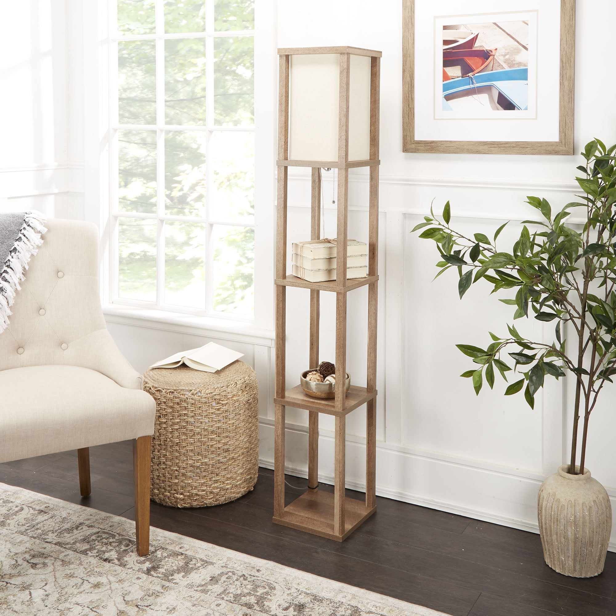Better Homes & Gardens Wood 62" Crossmill Floor Lamp with Shelves, Brown