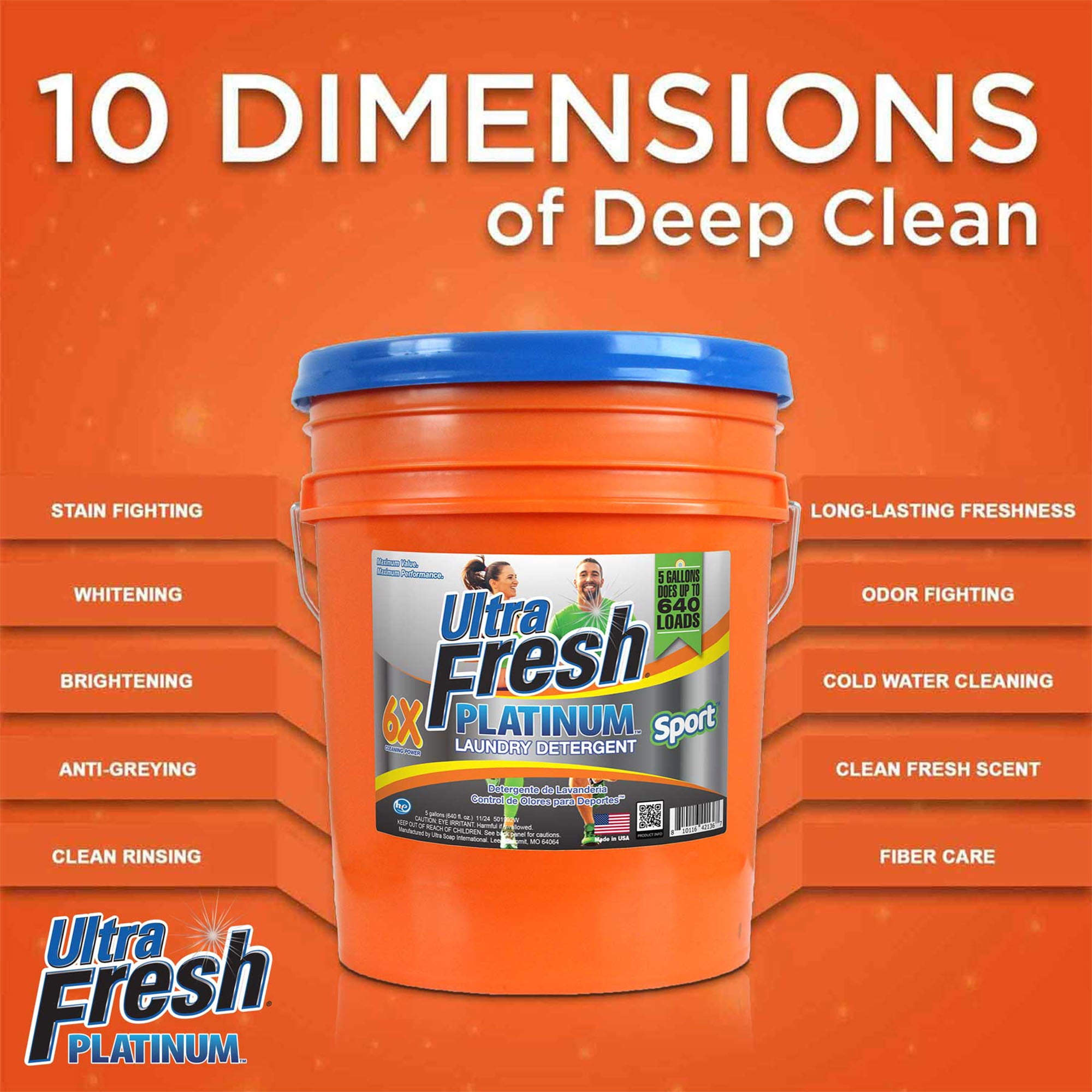 Ultra Fresh 3 Pack 6X Platinum Laundry Detergent, Up to 640 Loads, Bleach Alt, 5 Gallon