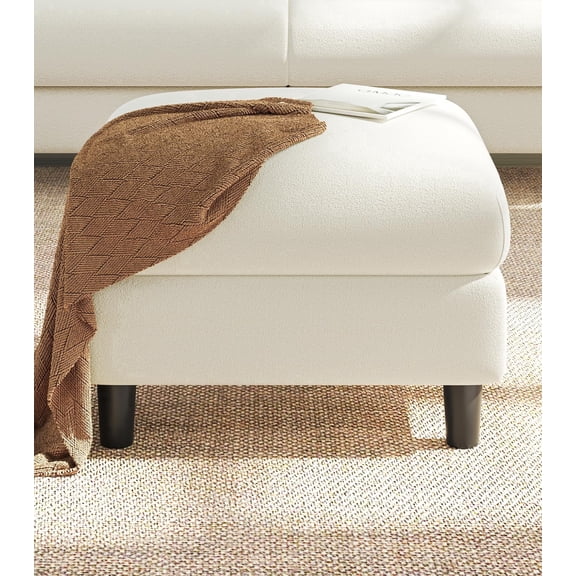 Welzona 26.7" Teddy Fabric Storage Ottoman, Square Footrest Bench with Hidden Compartment, Tool-Free Assembly, Off White