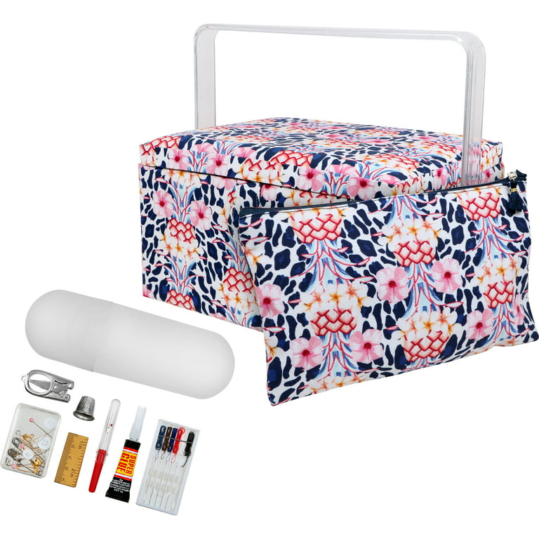 Singer Large Premium Round Basket Pastel Palm Leaf Print with Emergency Travel Sewing Kit & Matching Zipper Pouch