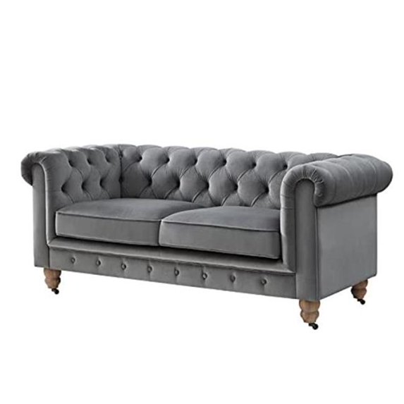 Londynn Loveseat Dark Grey Velvet 71L x 33.5W x 30.3H Button Tufted Rolled Arm