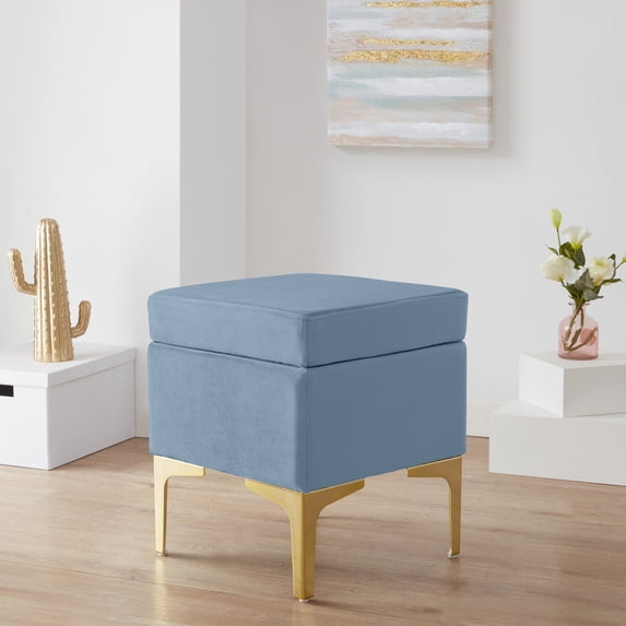 Home Sweet Home Bryant Modern Contemporary Square Upholstered Velvet Vanity Ottoman with Gold Metal Legs - 15" L x 15" W x 16" H - (Dusty Blue)