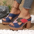 thumbnail image 2 of Rokment Womens Color Block Leaves High Heels Dress Sandals Beach Boho Trendy Leather Platform Chunky Heeled Slip on Comfortable Casual Backless Dressy Slides Summer Shoes Blue Size 9, 2 of 5
