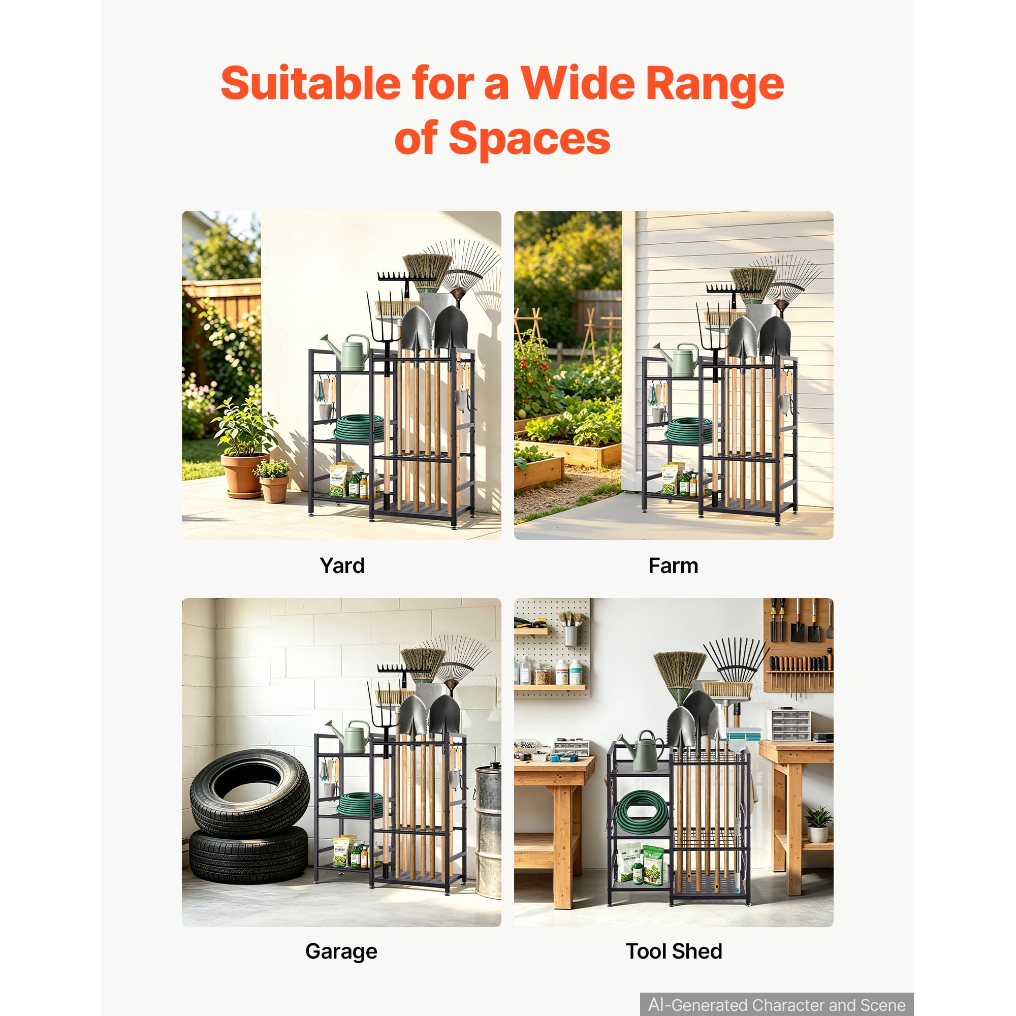 KFFKFF 3-Tier Metal Garden Tool Organizer with Guard Rail, Heavy-Duty Steel Storage Rack for Rakes, Shovels, and Brooms, Ideal for Garage, Shed, or Outdoor Use, Includes Hooks, Black