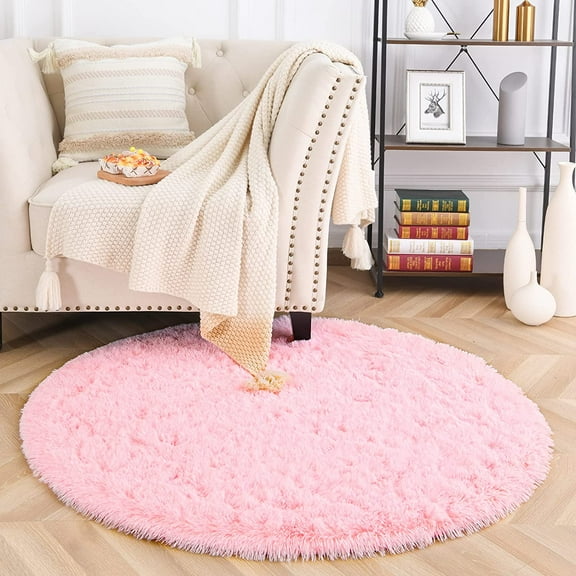 YJ.GWL Round Fluffy Area Rugs Fluffy Carpet Plush Rug for Living Room Bedroom Circular Fuzzy Mat,6x6 Ft Pink