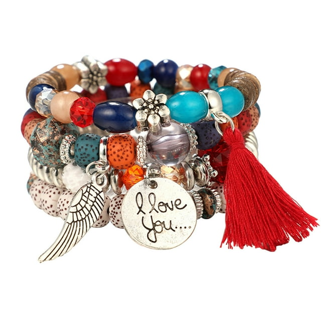 Beaded Stretch Bangles Bohemia Multicapa Sets Apilable Pulseras Strand Pulseras 4 para Mujeres Pulseras