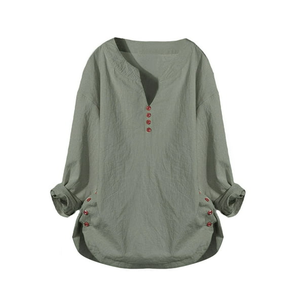 Yigetop Cotton Linen Tops for Women Women V-Neck Casual Button Long Sleeve Pullover Top T-Shirt Blouse Cotton Button Down Shirts for Women Green L