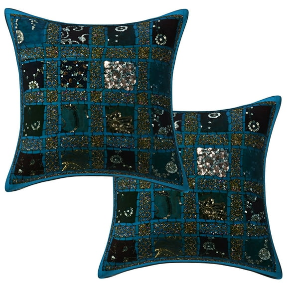 Stylo Culture Indian Sequins Settee Sofa Throw Pillow Covers 16 x 16 Patchwork Embroidered Turquoise 40 x 40 cm Home Decor Cotton Geometric Square Cushion Covers | Set Of 2