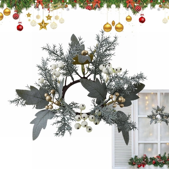 Clearance Under $3 Christmas Candle Wreath with Red Berries – Festive Candlestick Ring for Table Centerpiece, Mantel, Porch & Holiday Home Decor
