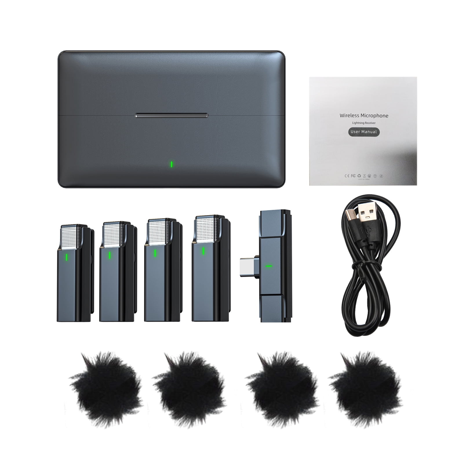 Wireless One-Trigger-Four 2.4G Wireless Microphone System Clip-on Microphone For Phone Omnidirectional Lapel Mic Auto Pairing Intelligent Noise Cancellation 100M Transmission Range