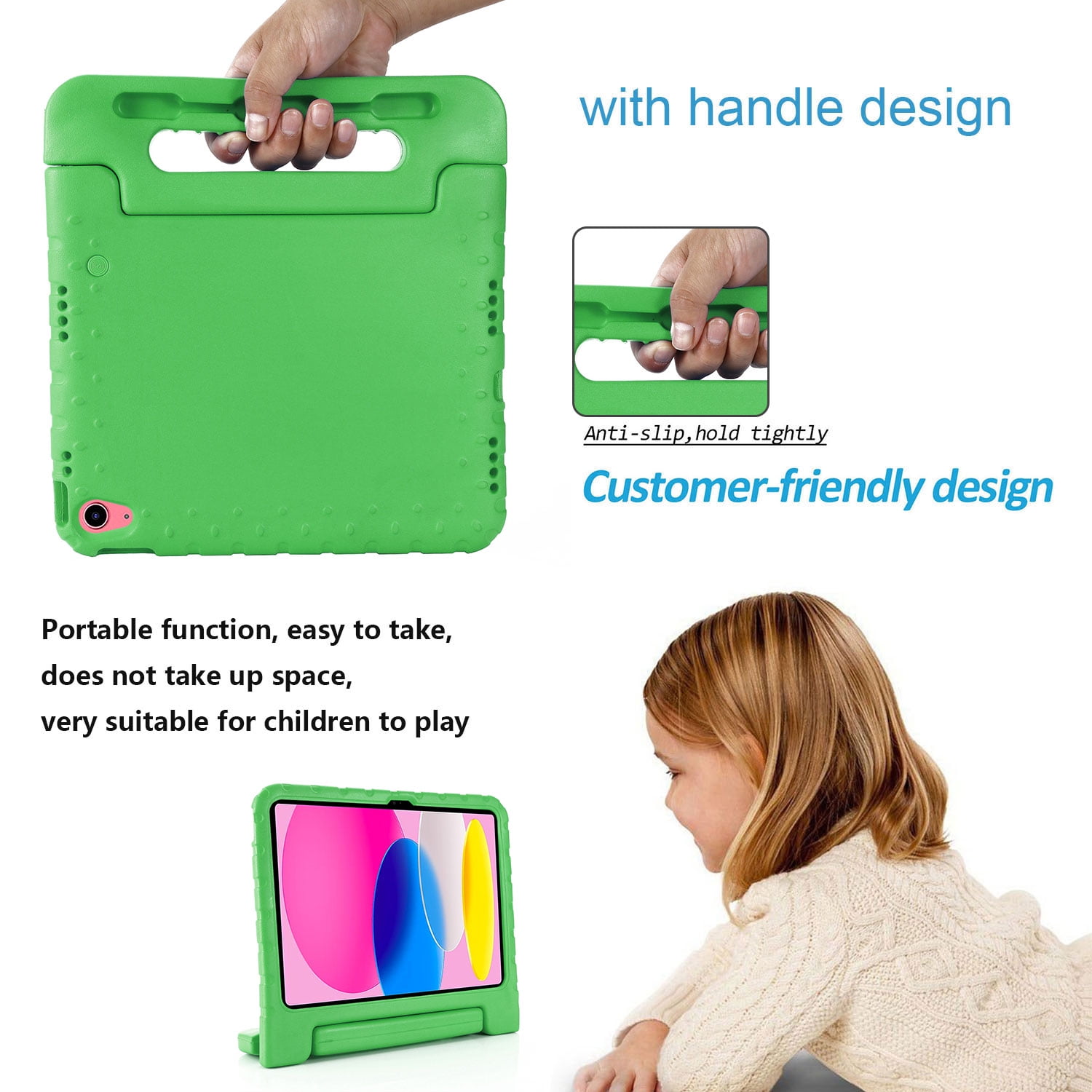 Tarise Kids Case for Apple iPad 10th Generation 10.9 inch 2022 with Pencil Holder/Foldable Convertible Handle/Kickstand Slim Lightweight Kid-Proof Soft EVA Foam Shockproof Rugged Stand Cover, Green