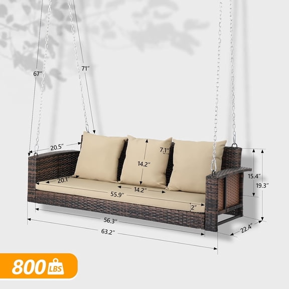 5FT Wicker Porch Swing for 3 Person with 1000lb Capacity and 3 Removable Cushions