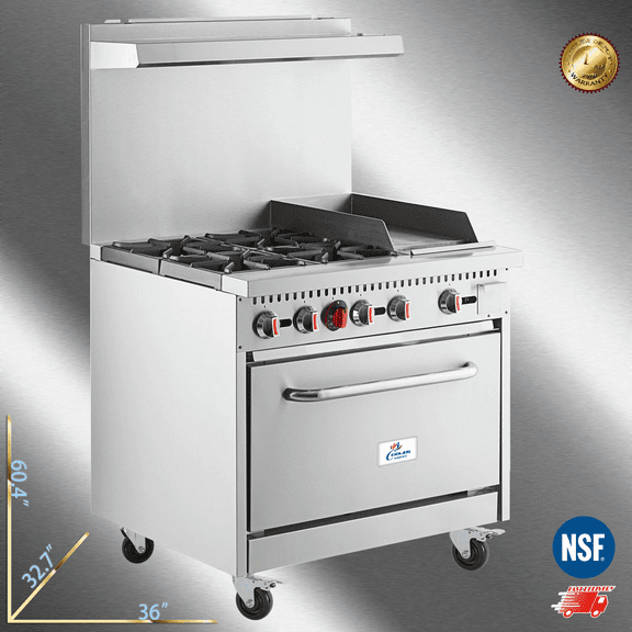 Cooler Depot NSF 36" Commercial 4-Burner with 12" Griddle Gas Range with Oven, 4.6 cu ft, Model HFSO-36-G12