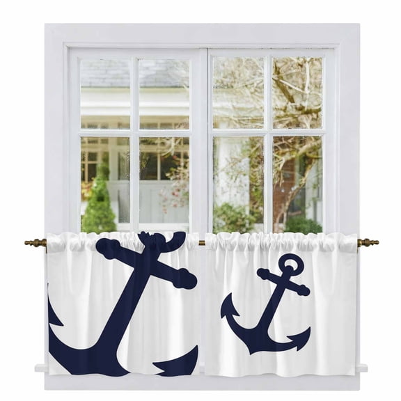 Nautical Anchor Tier Curtains, Farmhouse Minimalist White Abstract Art Light Filtering Kitchen Curtains, 2Pcs Rod Pocket Half Window Treatments Panels for Sink Cafe Cabinet Camper 27.5x24 Inches
