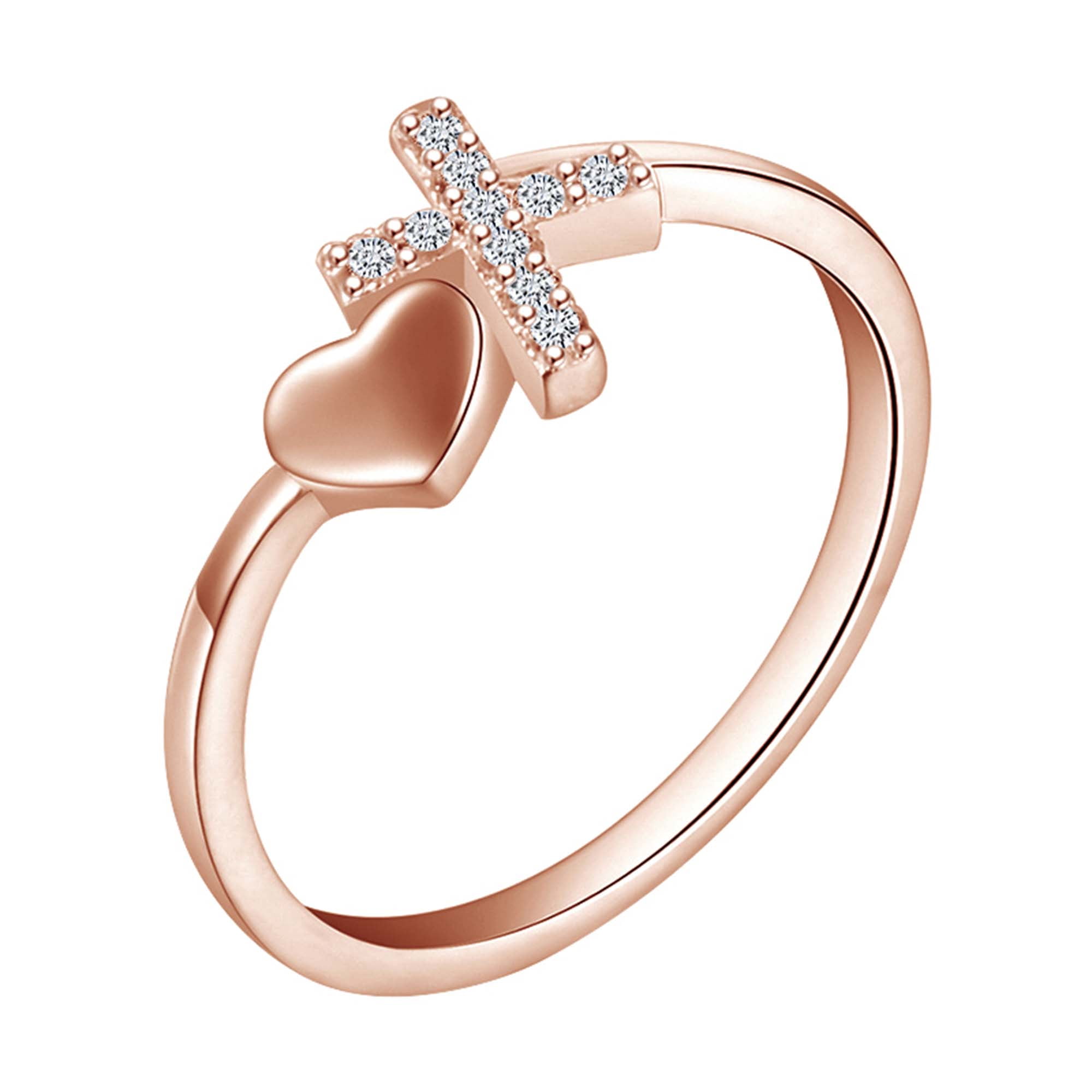 AFFY Round White CZ Cross Heart Bypass Womens Promise Ring 14k Rose Gold Over 925 Sterling Silver