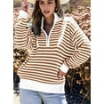 thumbnail image 3 of Women Striped Half Zip Long Sleeve Ribbed Knit Pullover Comfy Casual Light-Weight Tops Fall Fashion Brown S, 3 of 6