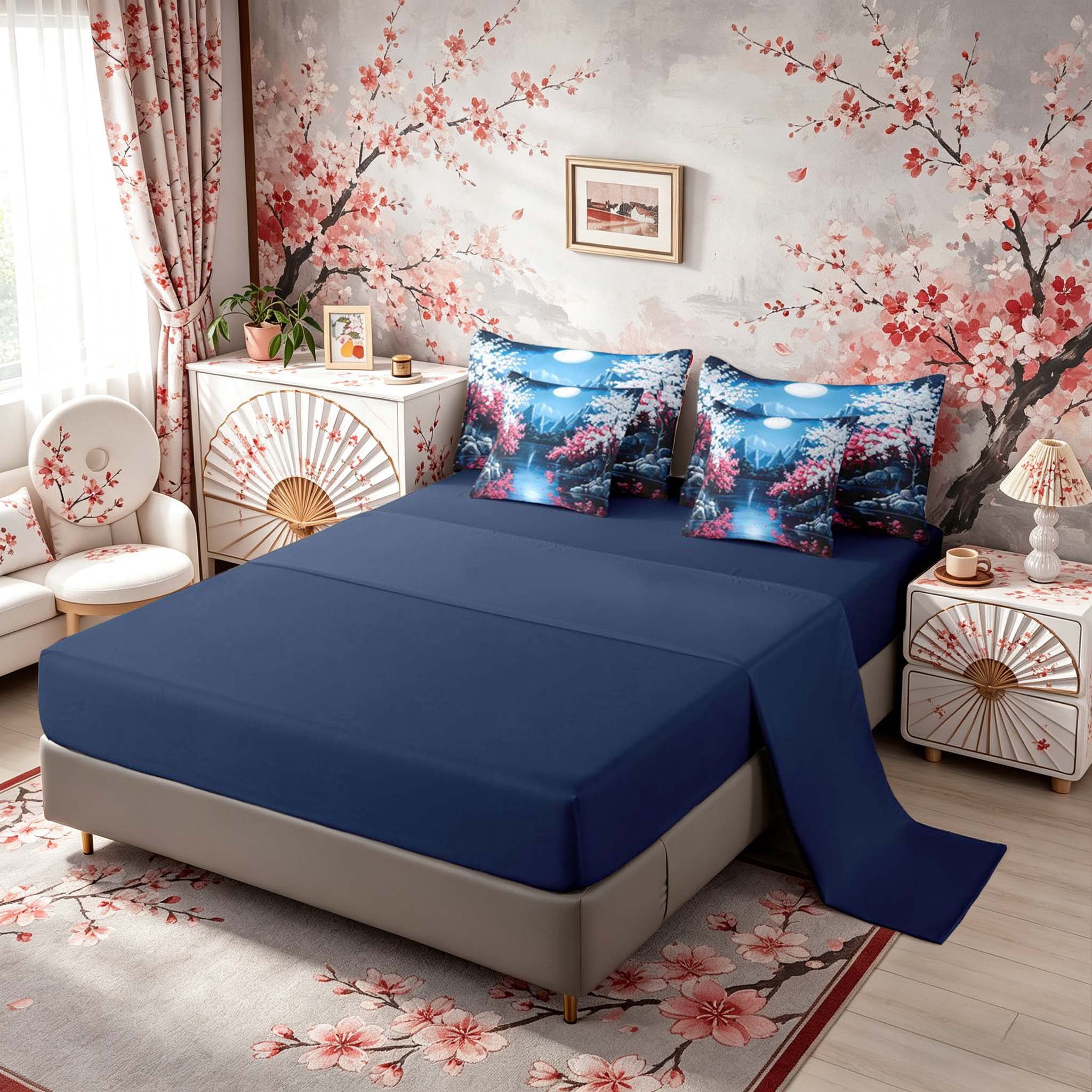 Manfei Night Fuji Lake Bedding Comforter Set for Teens, Cherry Moon Queen Bedding Sets, Blue Pink White, Navy Reversible7 Pieces
