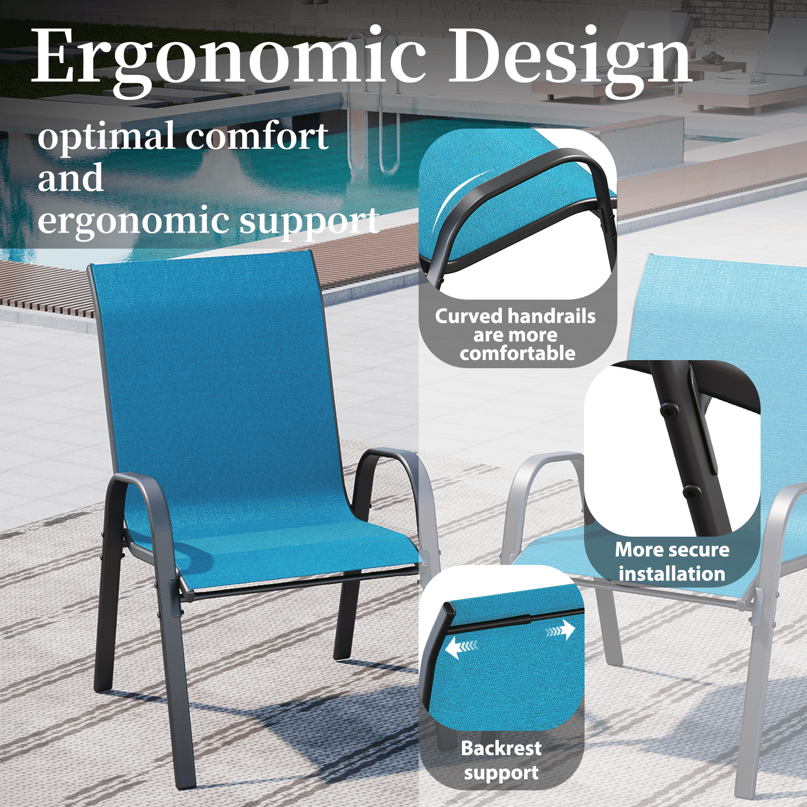 AMOPATIO Patio Chairs Set of 4, Outdoor Stackable Dining Chairs for All Weather, Breathable Garden Outdoor Furniture for Backyard Deck, Blue