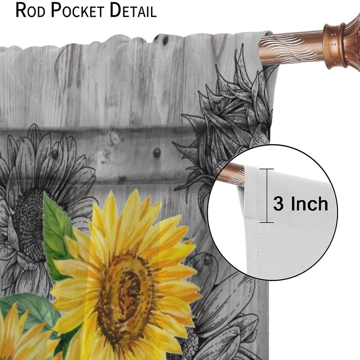 Yellow Sunflowers Curtains, Vintage Rustic Wooden Barn Door Sunshine Greenery Sunshine Floral Blackout Windows Treatments, Thermal Insulated Drapes For Girls Living Room Bedroom Kitchen 42x63in