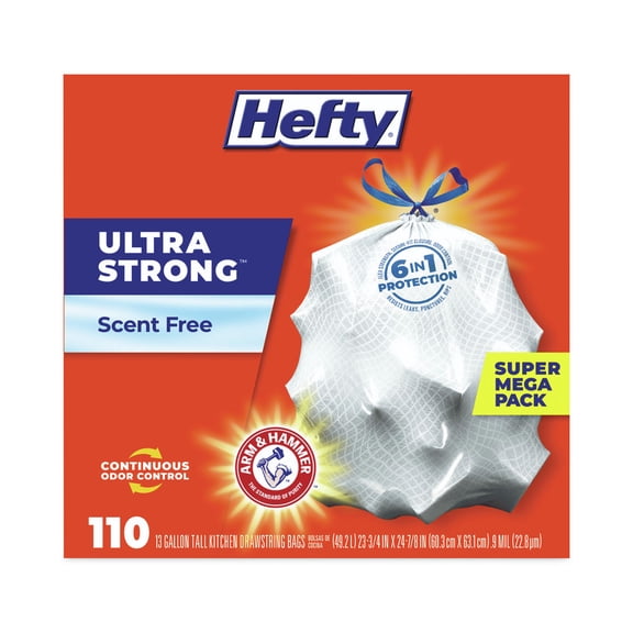 Hefty Ultra Strong 13 Gallon Kitchen Trash Bag 23.75" x 24.88" Low Density 0.9 mil White 110