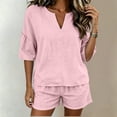 thumbnail image 5 of Women's Cotton Summer Two-Piece Set Short Sleeve V-Neck Ruffle Top, Elastic Waist Shorts, Casual Lounge Outfit, Solid Color Matching | TruHer,Pink XL, 5 of 8