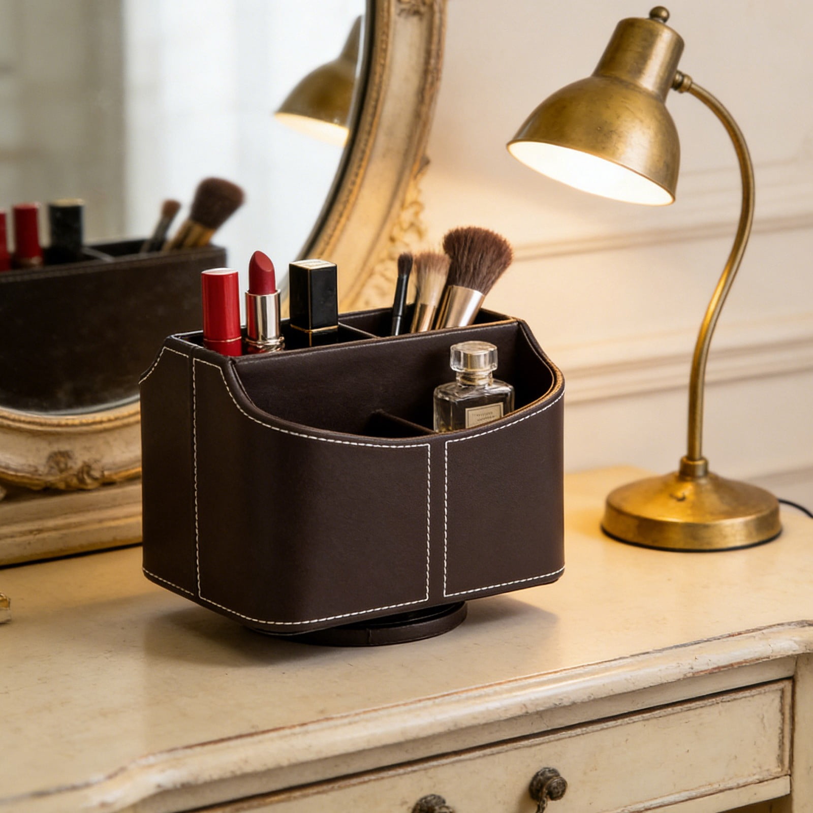 Leodye 1PCS Rotating Leather Desk Organizer, Multi-functional Pen and Remote Holder, Desktop Storage Box for Home office Desk Accessories -7.48*6.1*5.31in