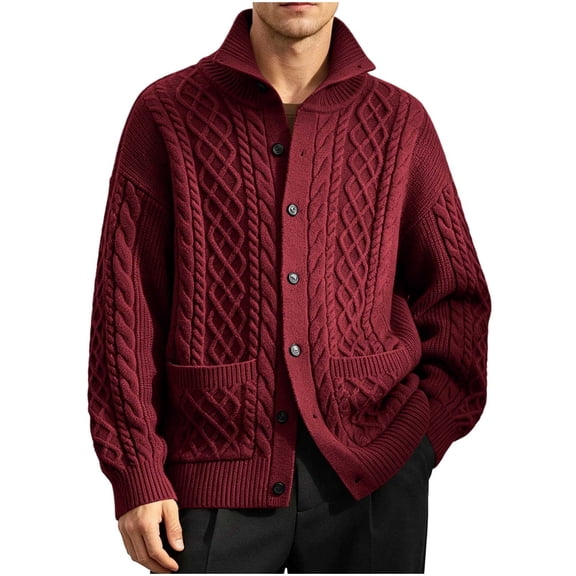 IROINNID Men's Cable Knit Button Down Cardigan Sweater Stand Collar Long Sleeve Relaxed Fit Winter Warm Casual Outerwear with Front Pockets