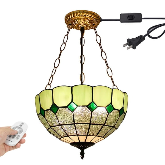Kiven 11.8in Plug-in Flush Mount Ceiling Light Fixture, 3-Light Anti Glare Close to Ceiling Light with 15FT Cord, Tiffany-Style Glass Chandelier Dimmable for Bedroom Kitchen Hallway(No.3226-GN)