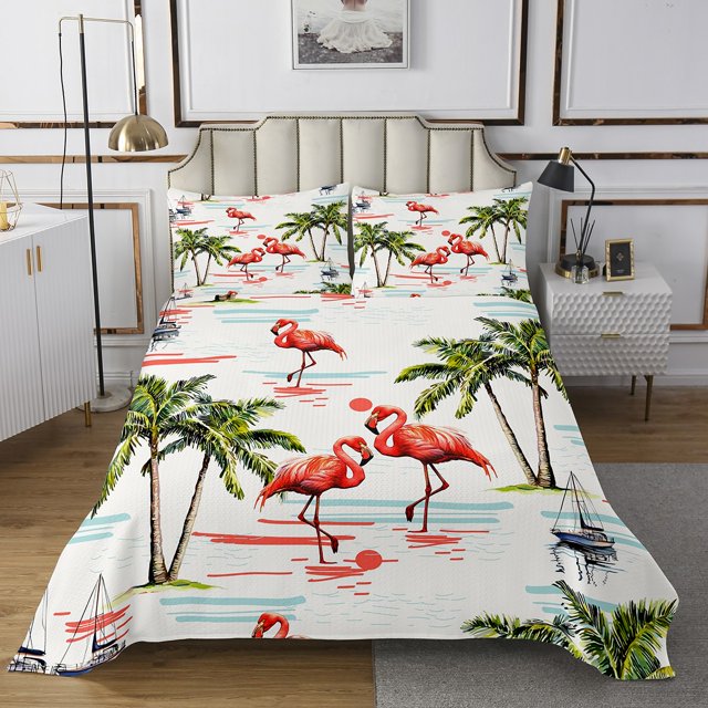 Erosebridal Cartoon Flamingo Coverlet Set Queen, Coconut Tree Bedding Set, Tropical Plant Decor, 3pcs