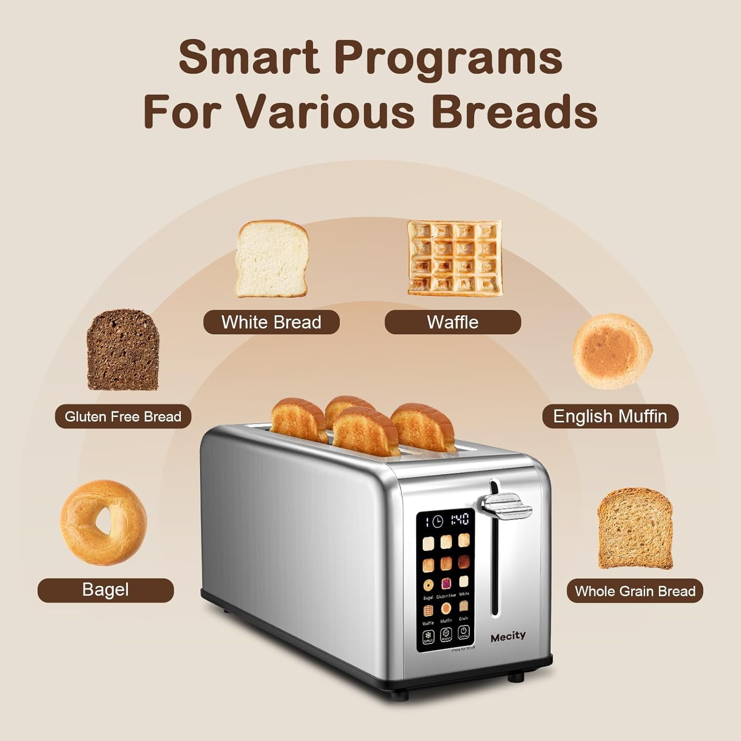 4 Slice Toaster Touch Screen 1.5" Long Slot, Stainless Steel Smart Bread Toaster for Bagel Muffin Waffle Gluten Free Breads, Timer, Defrost, Reheat, 120V 1400W